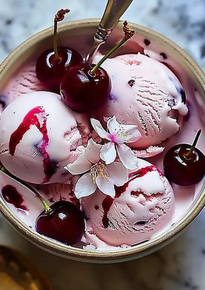 Delicious cherry blossom ice cream served in a bowl with cherry blossoms.