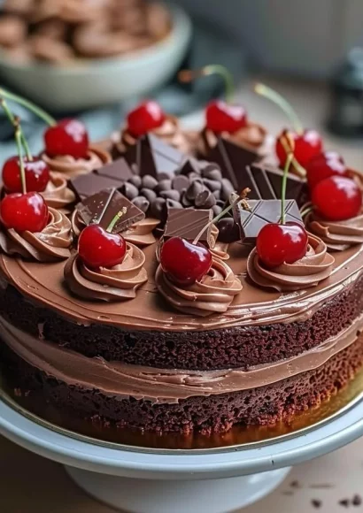 Delicious Cherry-Chocolate Delight Cake slice with cherries and chocolate frosting