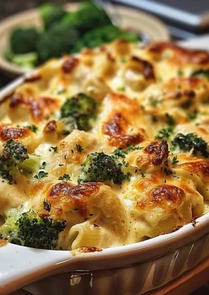 Creamy Chicken and Broccoli Baked Alfredo dish served in a white bowl