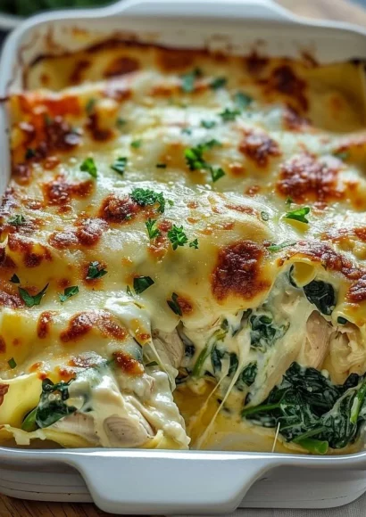 Delicious Chicken Spinach Casserole baked with creamy sauce and cheese