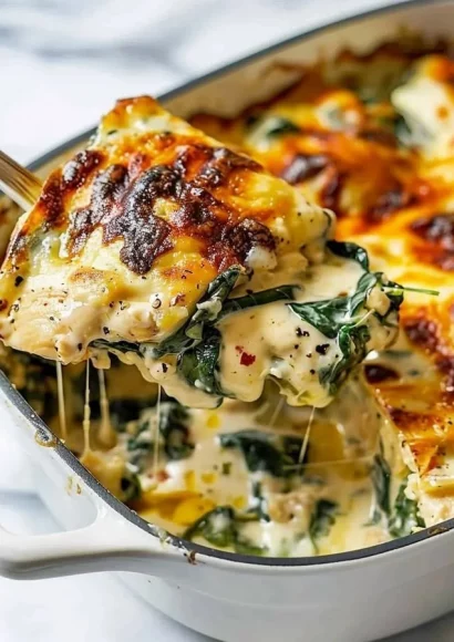 Creamy Chicken Spinach Casserole with cream cheese and fresh spinach
