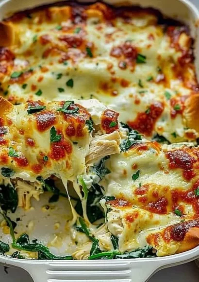 Delicious chicken and spinach casserole with cream cheese topping