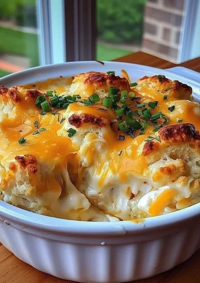 Delicious Chicken Biscuit Casserole topped with flaky biscuits and creamy chicken mixture