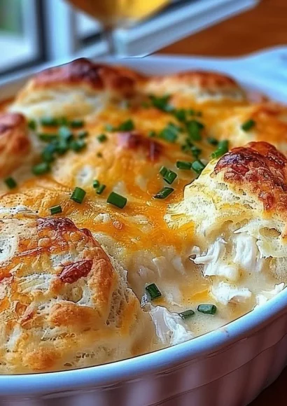Delicious Chicken Biscuit Casserole served in a baking dish