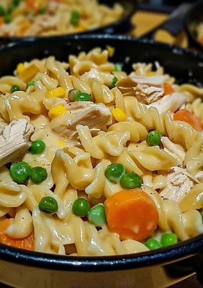 Delicious Chicken Pot Pie Pasta with creamy sauce and vegetables.