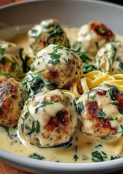 Plate of chicken ricotta meatballs with spinach Alfredo sauce