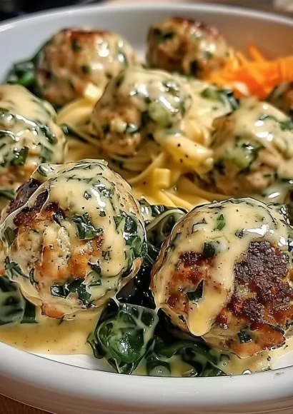 Chicken Ricotta Meatballs served with Spinach Alfredo Sauce in a bowl