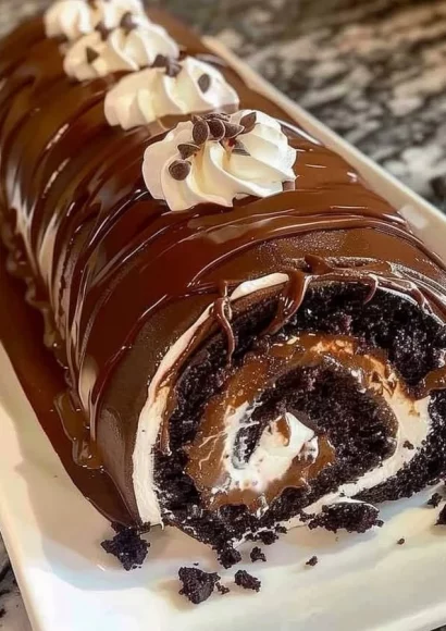 Delicious chocolate cake roll topped with chocolate frosting and decorative sprinkles