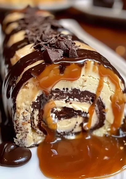 Delicious Chocolate Caramel Cream Roll dessert topped with chocolate sauce.