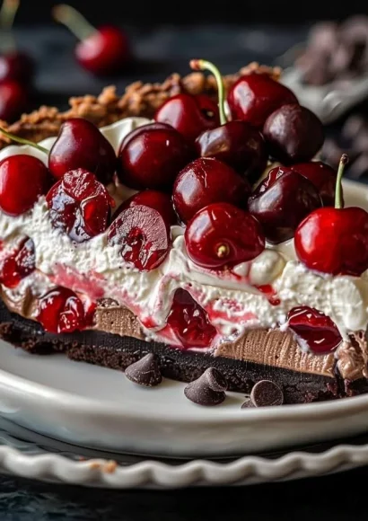Delicious Chocolate Cherry Cream Pie with chocolate crust and cherry topping