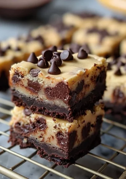 Delicious chocolate chip cookie dough brownies on a rustic wooden table