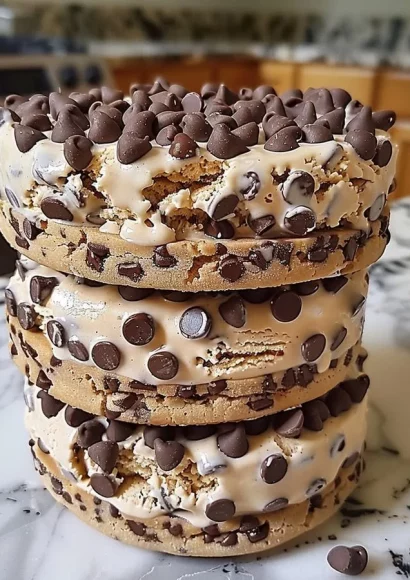 Chocolate chip cookie dough ice cream sandwiches ready to enjoy.