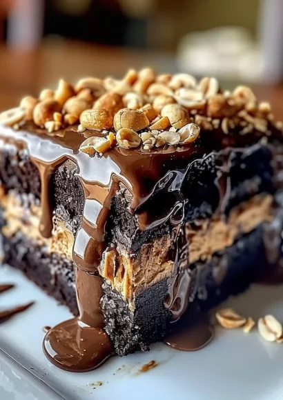 Delicious Chocolate Peanut Butter Poke Cake topped with creamy frosting