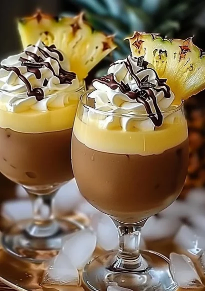 Delicious Chocolate Piña Colada with Kahlua cream frosting in a glass.