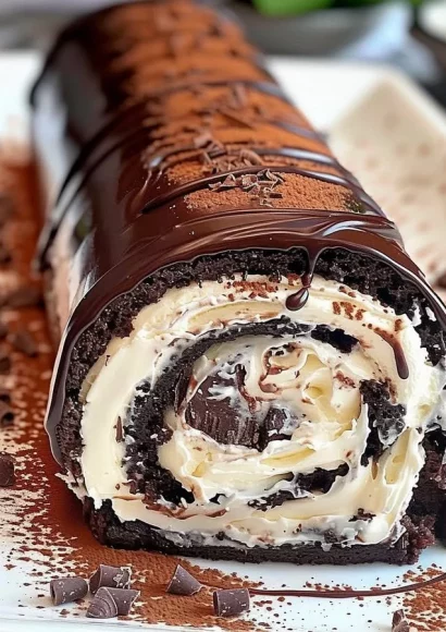 Delicious chocolate roll filled with cream and topped with smooth ganache