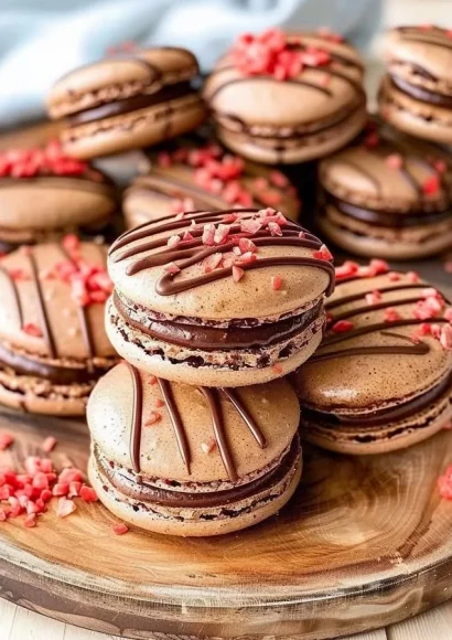 Delicious chocolate strawberry macarons on a plate