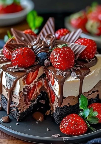 Chocolate strawberry cheesecake with creamy layers and strawberry swirls
