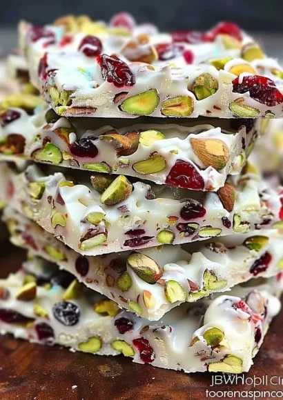 Delicious Christmas Bark with pistachios and cranberries on a festive background