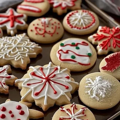 A variety of decorated Christmas cookies on a festive tray