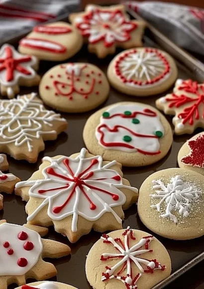 A variety of decorated Christmas cookies on a festive tray
