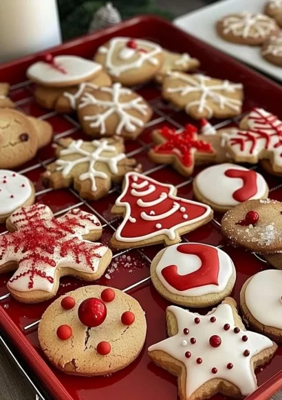 A variety of homemade Christmas cookies decorated with icing and sprinkles.