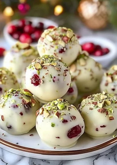 Christmas Cranberry Pistachio White Chocolate Truffles on a festive platter