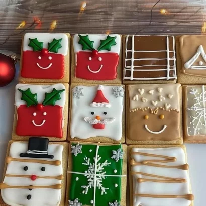 Christmas sugar cookie squares decorated with icing and sprinkles