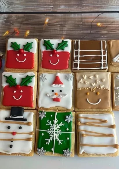 Christmas sugar cookie squares decorated with icing and sprinkles