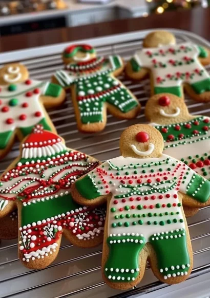Colorful Christmas sweater cookies decorated for the holiday season