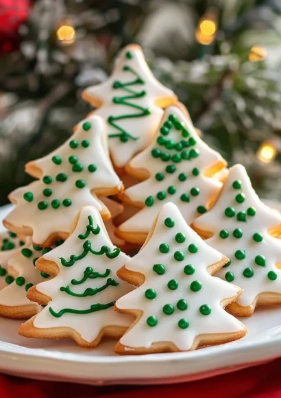 Christmas tree-shaped sugar cookies decorated with icing and sprinkles