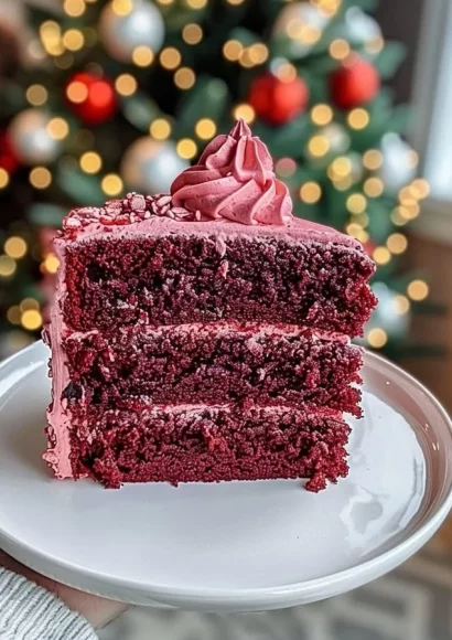 Classic red velvet cake with creamy frosting on a decorative plate