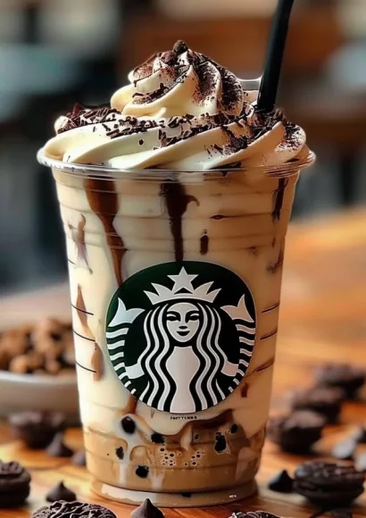 Delicious Cookies & Cream Frappuccino topped with whipped cream and chocolate drizzle.