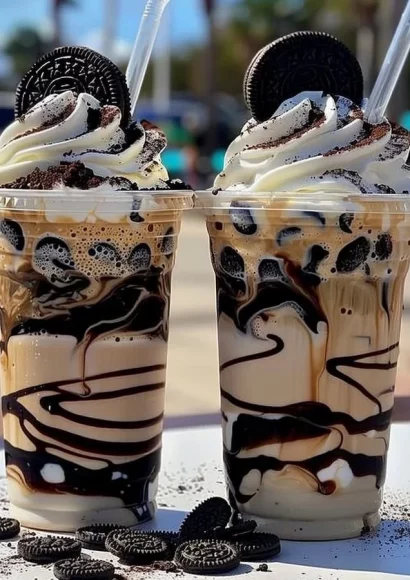 Delicious Cookies & Cream Frappuccino topped with whipped cream and chocolate drizzle