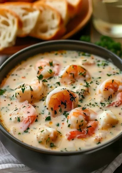 Delicious crab and shrimp seafood bisque served in a bowl
