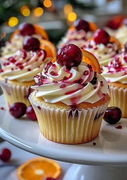 Cranberry Orange Cupcakes with white chocolate drizzle and festive decorations.