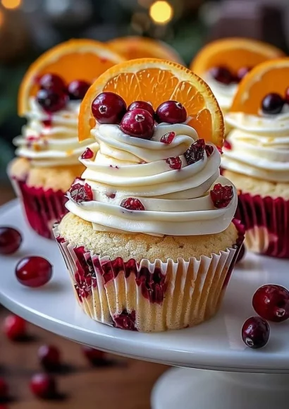Cranberry Orange White Chocolate Cupcakes with festive decorations