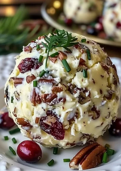 Cranberry pecan cheese ball served on a platter with crackers