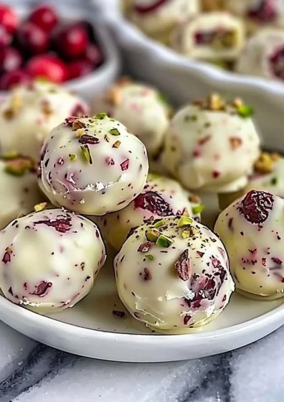Cranberry Pistachio White Chocolate Truffles on a decorative plate