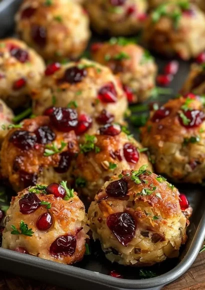 Cranberry Turkey Stuffing Balls served on a plate, garnished with herbs.