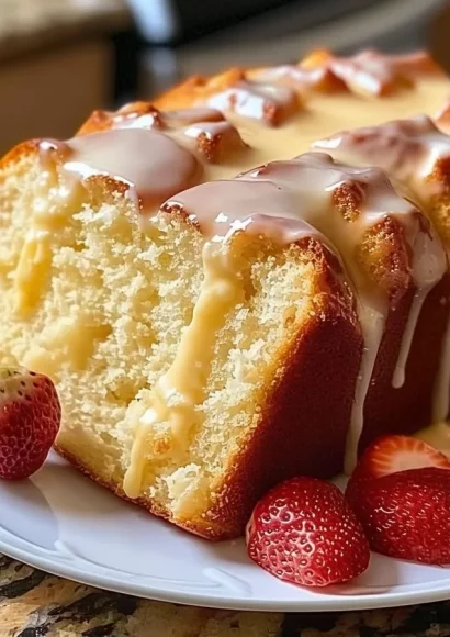 Delicious cream cheese pound cake topped with fresh berries