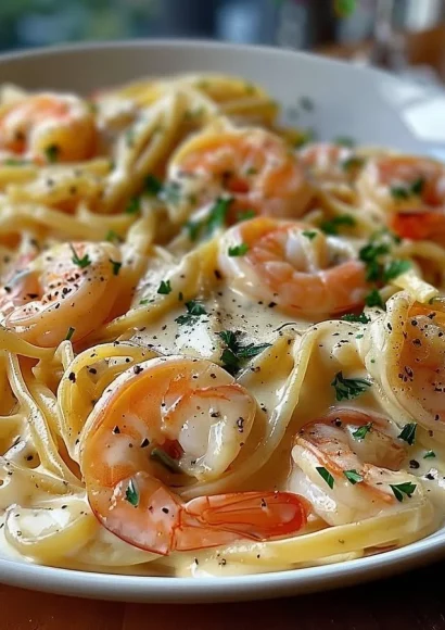 Creamy Alfredo pasta with salmon and shrimp, a delicious seafood dish