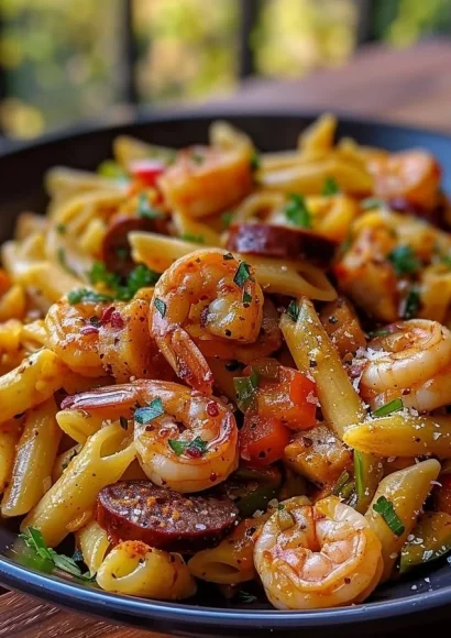 Creamy Cajun Pasta with shrimp and sausage in a bowl, garnished with herbs.