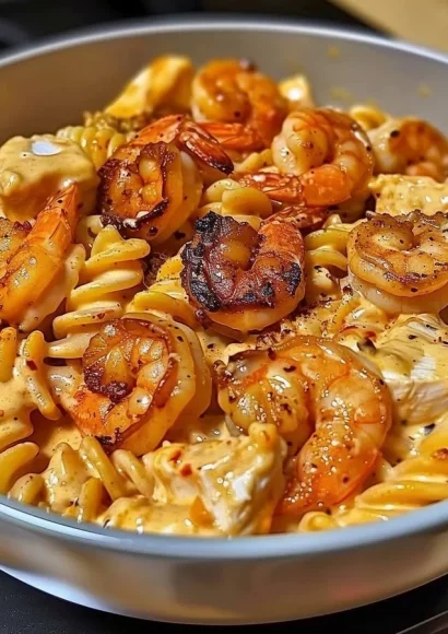 Creamy Cajun shrimp and chicken pasta dish garnished with parsley