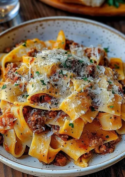 Creamy Calabrian Chili Pappardelle served with sausage and fennel