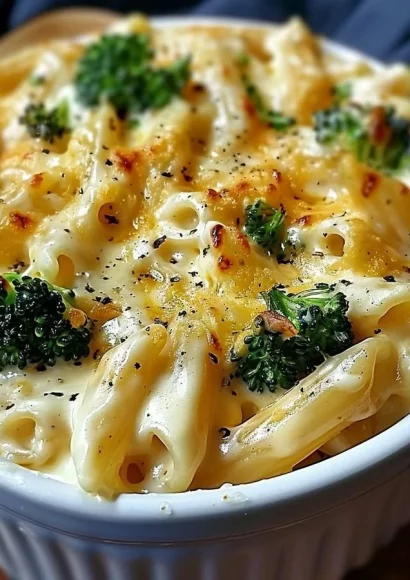 Creamy and cheesy broccoli pasta dish garnished with fresh herbs
