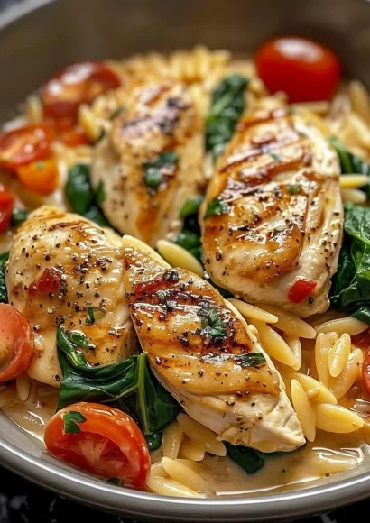 Creamy chicken orzo with spinach and tomatoes in a bowl