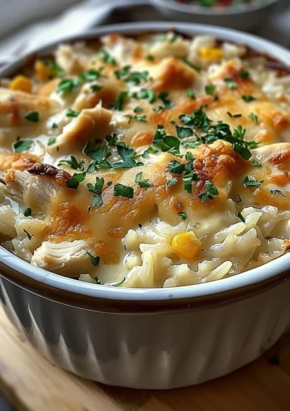 Creamy chicken and rice casserole dish with vegetables and herbs