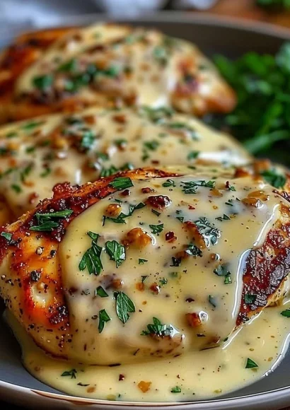 Plate of creamy Garlic Chicken Parmesan garnished with herbs