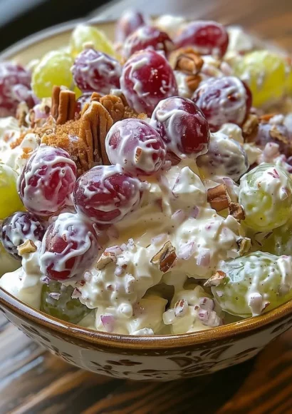 Creamy grape salad served in a bowl with fresh grapes and creamy dressing