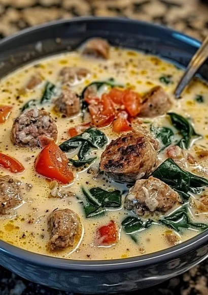 Creamy Parmesan Italian sausage soup garnished with herbs and served in a bowl